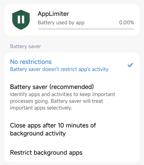 Select the unrestricted battery option for AppLimiter