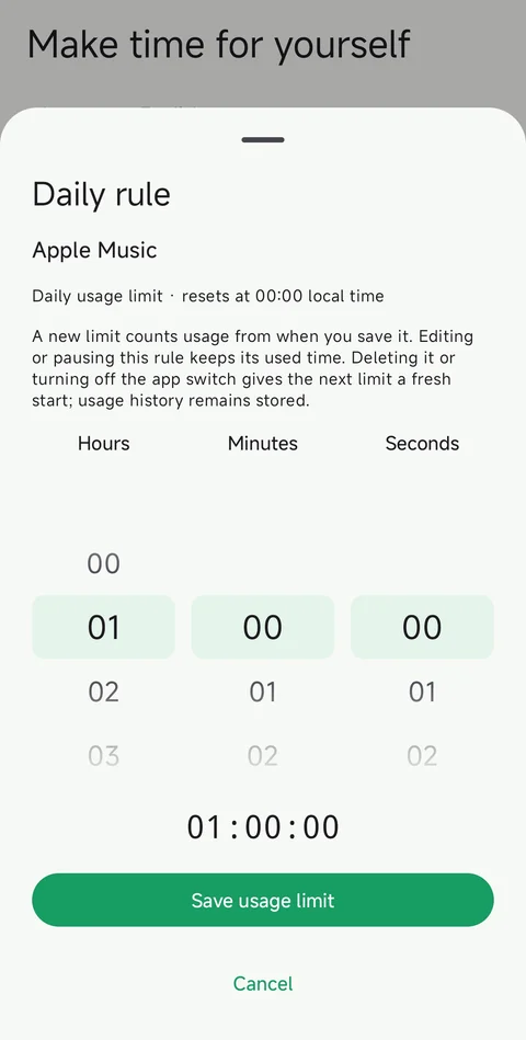 Daily allowance · Adjust the time wheels, then save