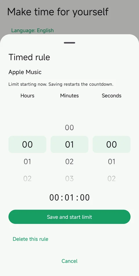 Timed limit · Adjust the time wheels, then save