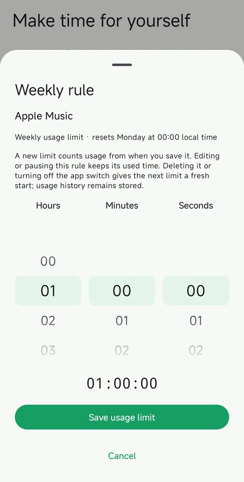 Weekly allowance · Adjust the time wheels, then save